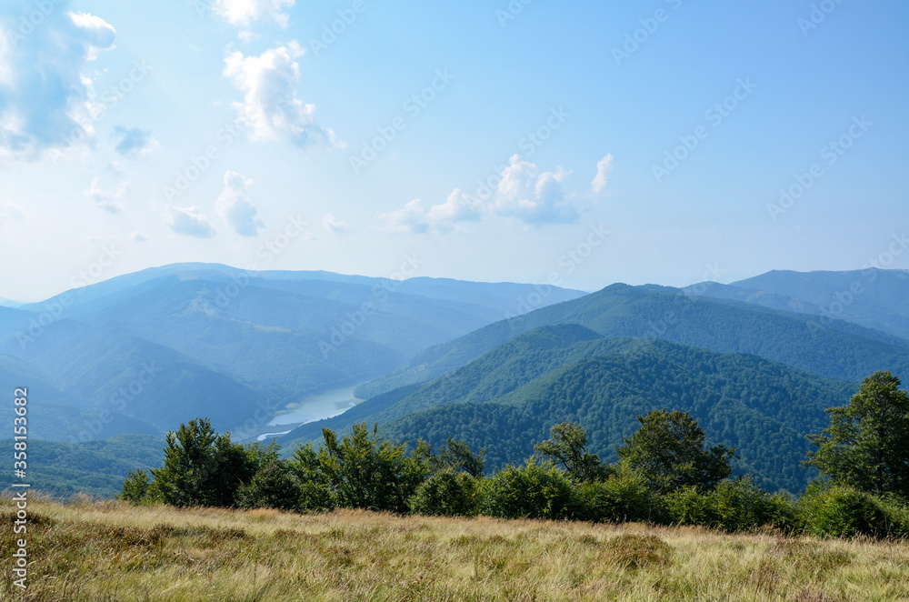 Summer view to the  picturesque Vilshanske reservoir  is located on the Tereblya River, near the village of Kolochava. Carpathian mountains, Ukraine