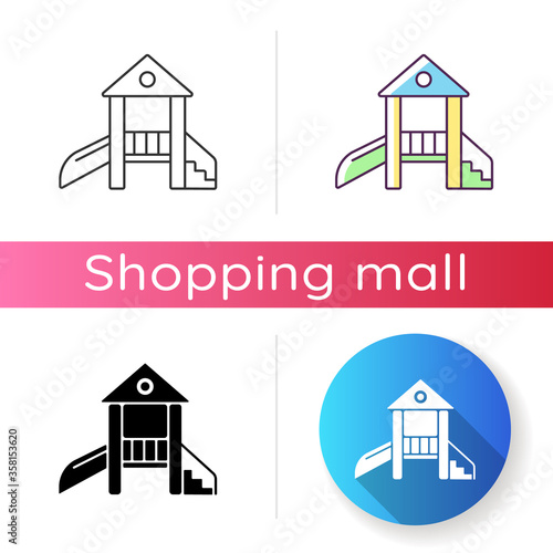 Children play area icon. Playground slide. Child outdoor entertainment equipment. Park zone for kids. Linear black and RGB color styles. Isolated vector illustrations
