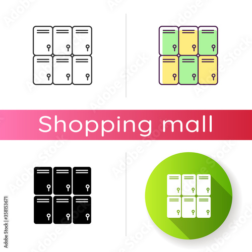 Shopping mall lockers icon. Shop storage for personal belongings. Closed steel boxes. Gym locker room. Linear black and RGB color styles. Isolated vector illustrations