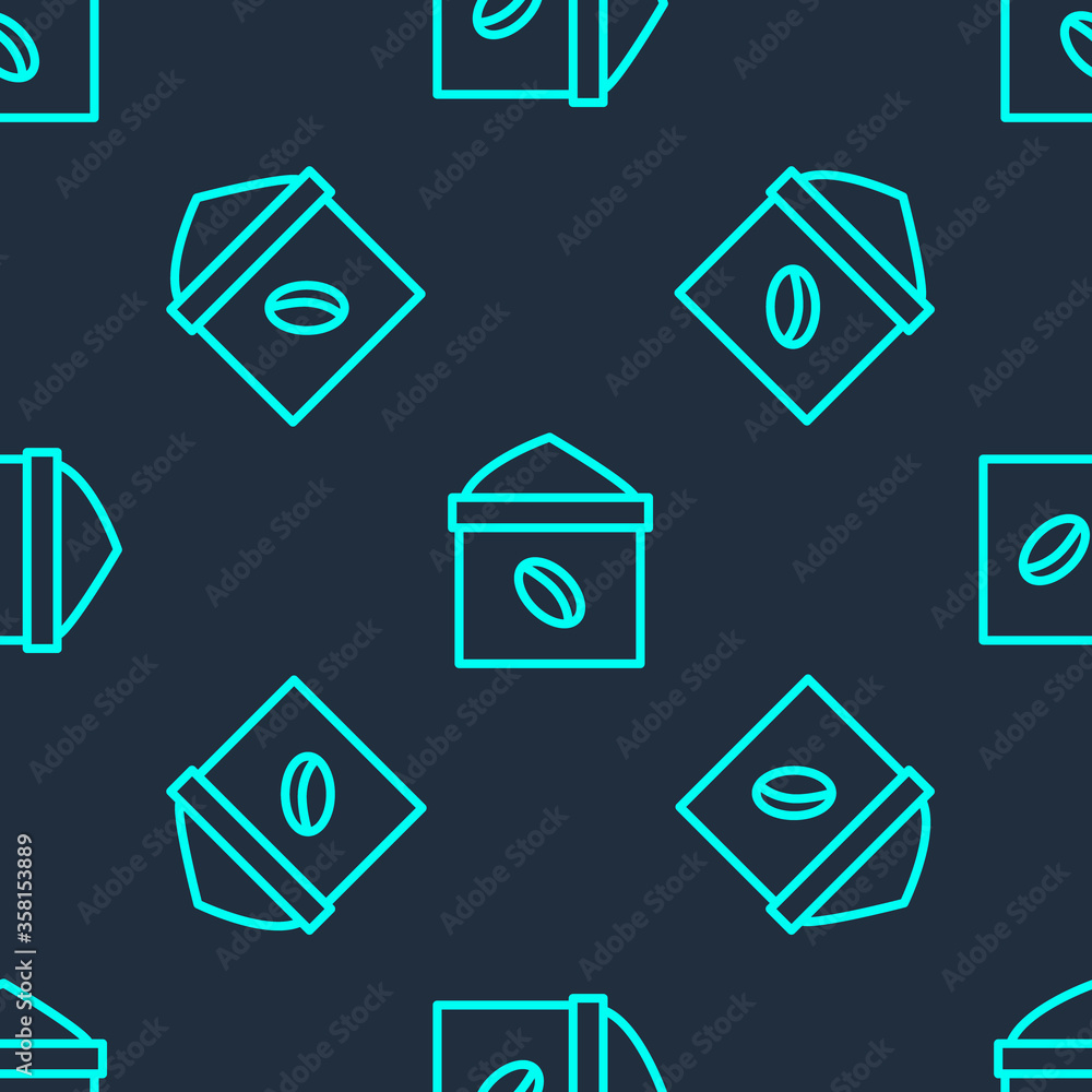 Green line Bag of coffee beans icon isolated seamless pattern on blue background. Vector Illustration Green line Bag of coffee beans icon isolated seamless pattern on blue background. Vector Illustration