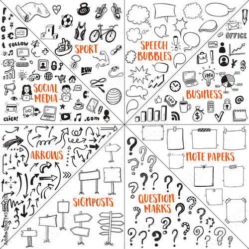 Big doodle set with hand drawn sport, speech bubbles, business, social media, sticky notes, question marks, curve arrows icons. photo