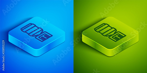 Isometric line Water cooler for office and home icon isolated on blue and green background. Water dispenser. Bottle office, plastic and liquid. Square button. Vector Illustration