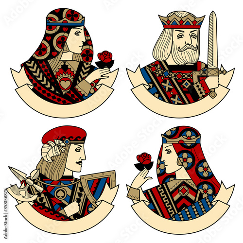 Set of icons with faces of playing cards characters and ribbons for text