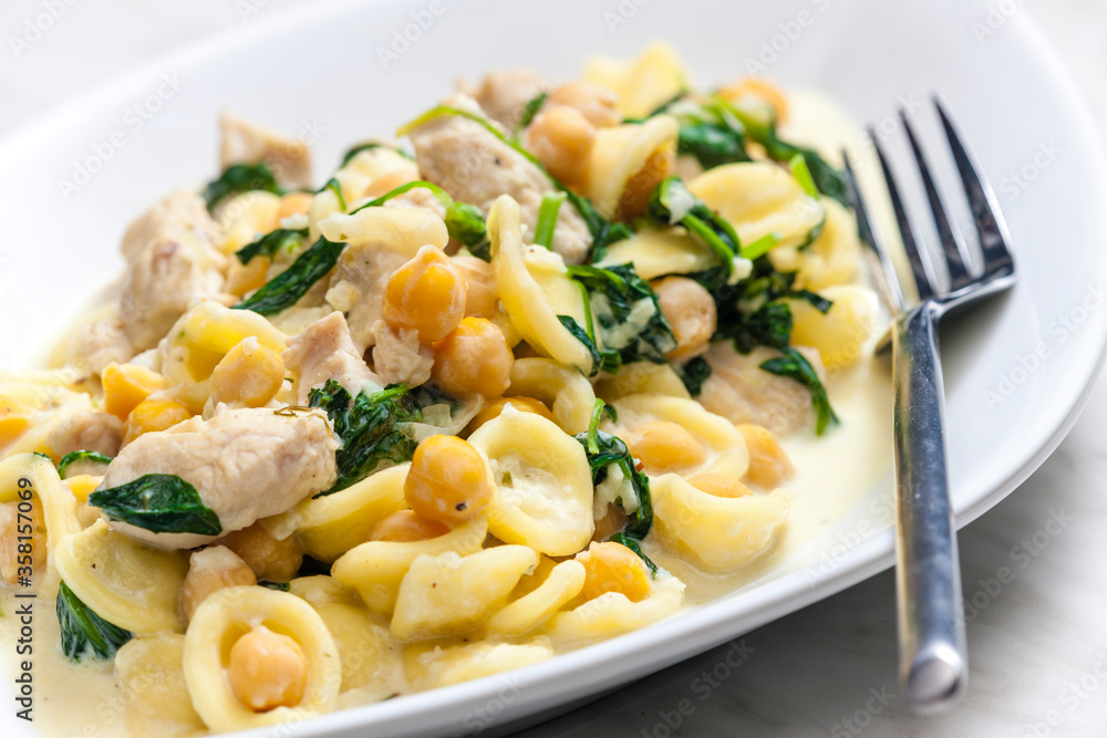 pasta orecchiette with chicken meat, chick peas and spinach pasta orecchiette with chicken meat, chick peas and spinach