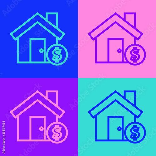 Pop art line House with dollar symbol icon isolated on color background. Home and money. Real estate concept. Vector Illustration