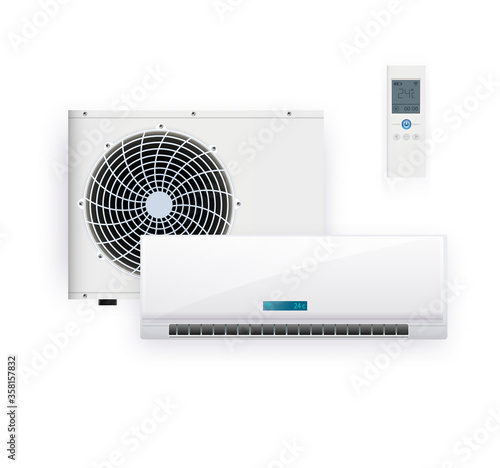 Split system air conditioner inverter. Cool and cold climate control system. Realistic conditioning with remote controller. Vector illustration