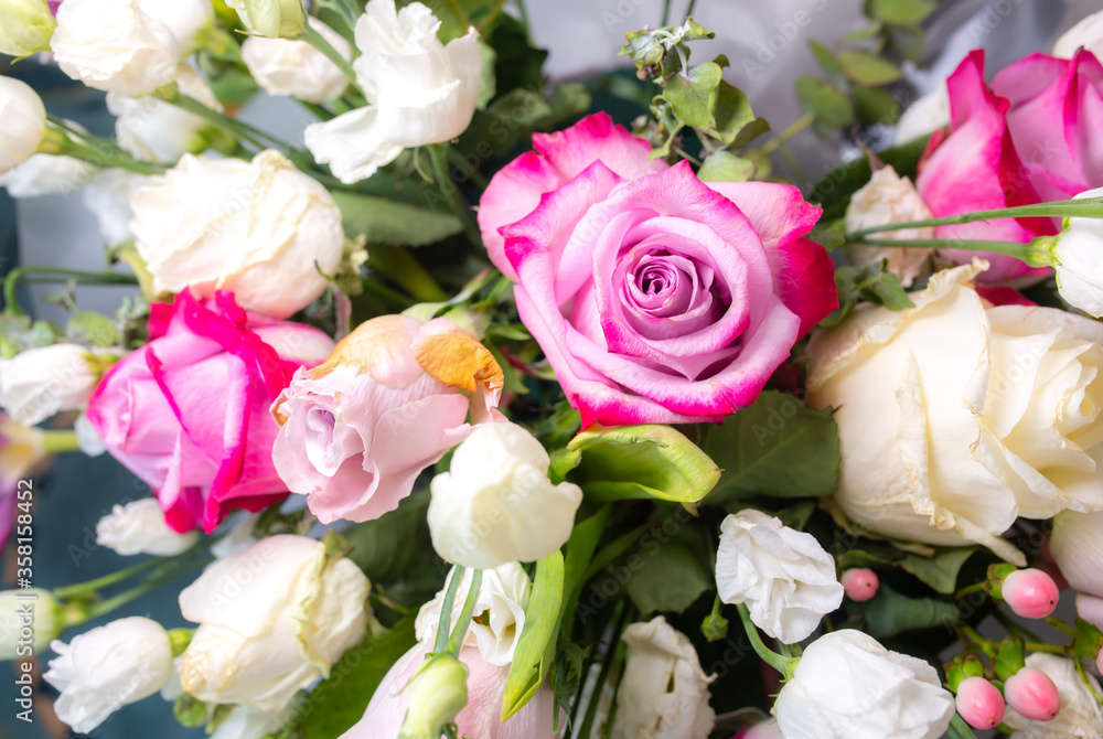 Beautiful bouquet of flowers. Roses, eustoma and tulips. Stylish present for all holidays. Happy birthday gift. Mother's day postcard. Spring mood. Beautiful bouquet of flowers. Roses, eustoma and tulips. Stylish present for all holidays. Happy birthday gift. Mother's day postcard. Spring mood.