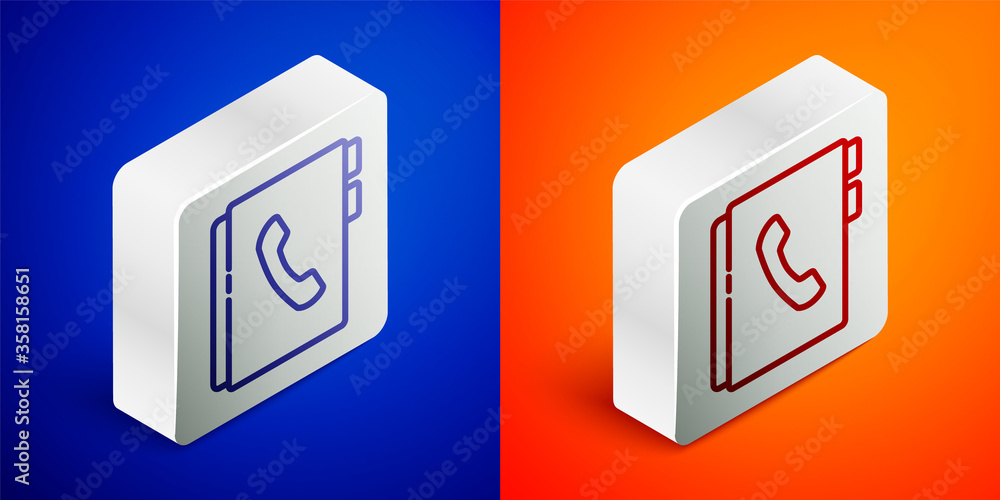 Isometric line Address book icon isolated on blue and orange background. Notebook, address, contact, directory, phone, telephone book icon. Silver square button. Vector Illustration Isometric line Address book icon isolated on blue and orange background. Notebook, address, contact, directory, phone, telephone book icon. Silver square button. Vector Illustration