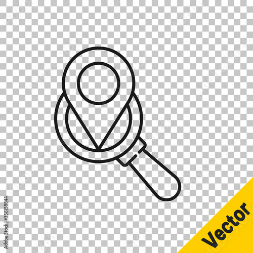 Black line Search location icon isolated on transparent background. Magnifying glass with pointer sign. Vector Illustration