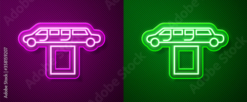 Glowing neon line Luxury limousine car and carpet icon isolated on purple and green background. For world premiere celebrities and guests poster. Vector Illustration
