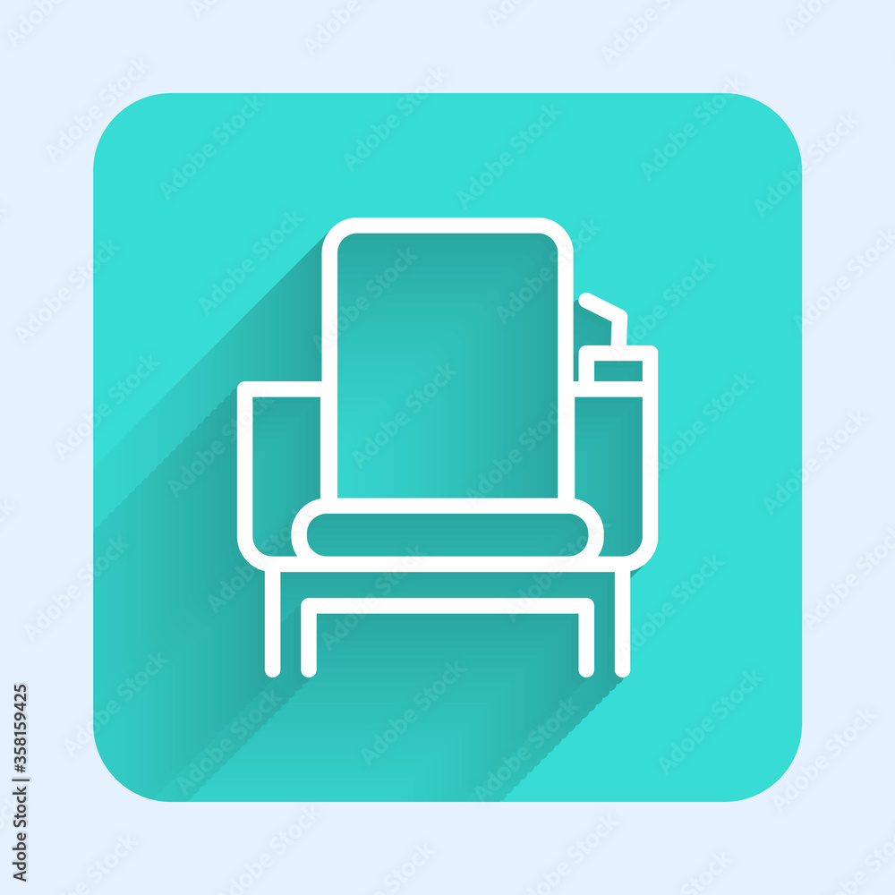 White line Cinema chair icon isolated with long shadow. Green square button. Vector Illustration White line Cinema chair icon isolated with long shadow. Green square button. Vector Illustration
