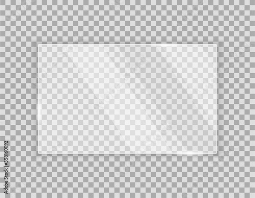 Rectangular sheet of clear glass on a transparent background with shine effect, vector illustration