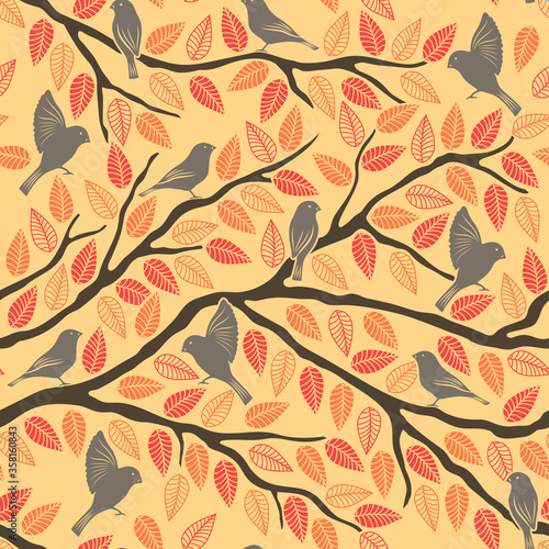 Abstract seamless pattern with handdrawn leaves and birds on the branch.