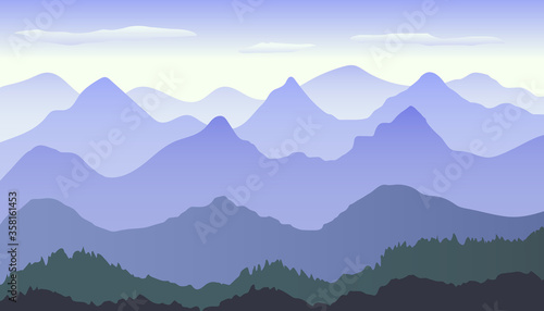 Beautiful blue gradient mountain landscape with fog and forest. Sunrise and sunset in mountains. Sunset in mountains landscape. Vector illustration background © Iuliia