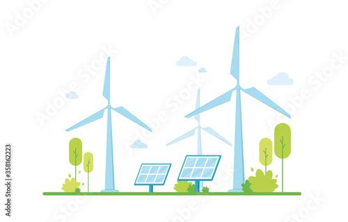 Renewable energy, solar panels. Сlean electric energy from renewable sources wind. Eco friendly. Green zone. Protecting and caring for nature. Climate support. On white background. Blue. Eps 10