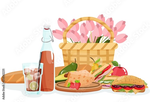 Picnic basket with sandwich, lemonade, fruits. Summer vector illustration