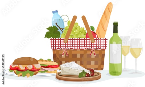 Picnic basket with baguette, wine, sandwich, cheese. Summer vector illustration