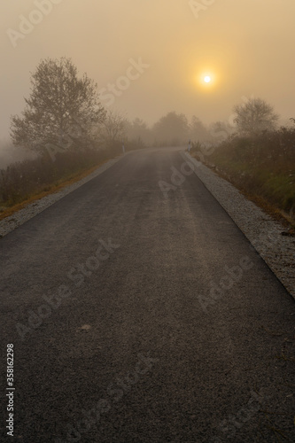 Road with sunrise in Norrthern Hungary