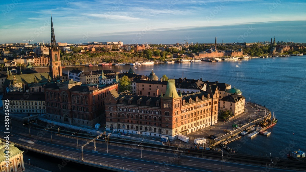 Norstedts Building in Stockholm, Sweden at Golden Hour by drone