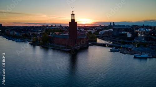 Rådhuset in Stockholm, Sweden by drone at sunset