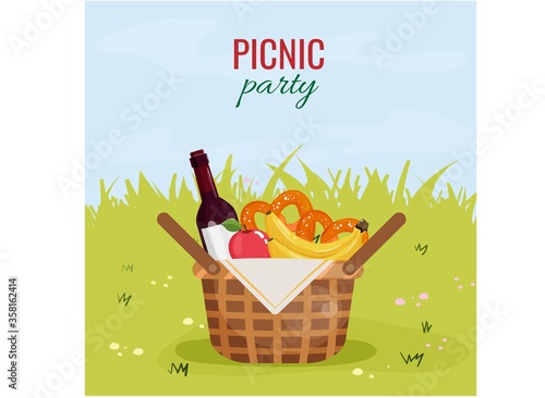 Picnic basket with food and wine bottle on grass and sky background. Summer vector illustration for cards, invitations