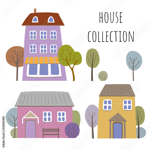 Vector set with houses and trees on a white background. Colorful houses.