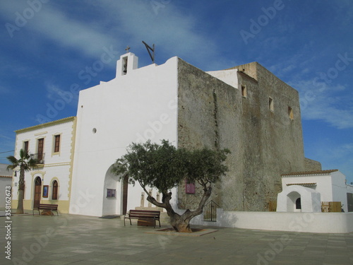 San Francisco (Sant Francesc Xavier), the capital city of Formentera island, Spain - the main square with picturesque white church
