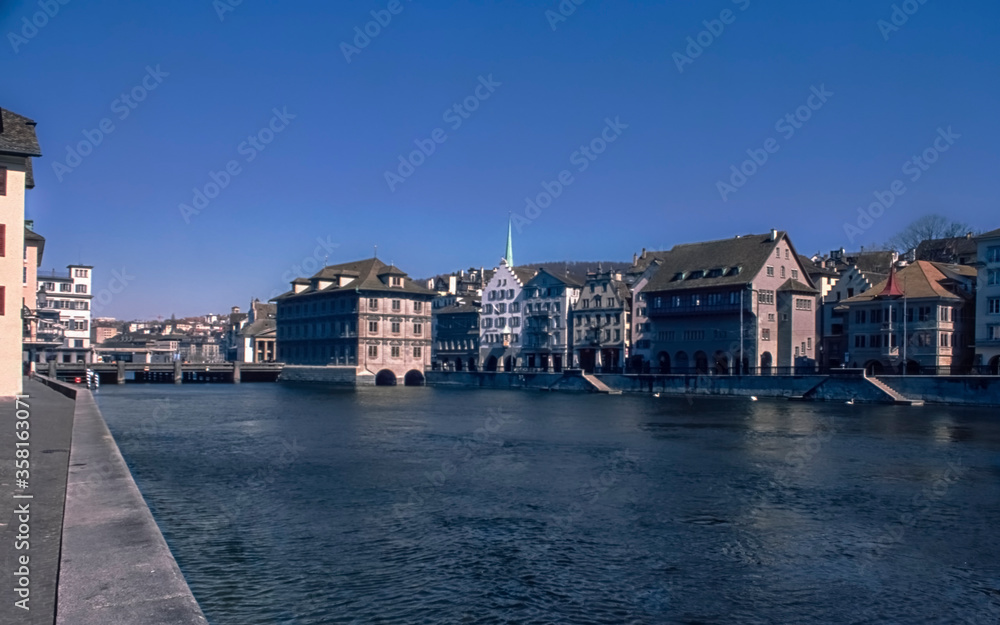 View of the Limmat the riverside  during the corona virus, shot with analogue slide film technique