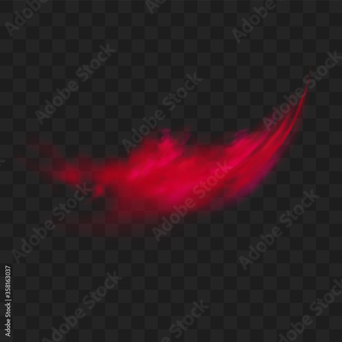 Red smoke or fog color isolated on transparent dark background. Abstract red powder explosion with particles. Colorful dust cloud explode, paint holi, mist smog effect. Realistic vector illustration