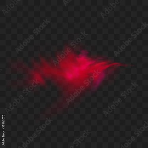 Red smoke or fog color isolated on transparent dark background. Abstract red powder explosion with particles. Colorful dust cloud explode, paint holi, mist smog effect. Realistic vector illustration