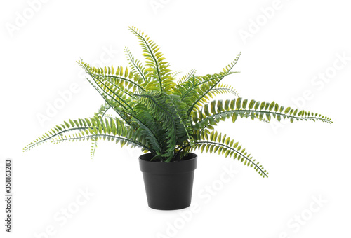 Beautiful artificial plant in flower pot isolated on white