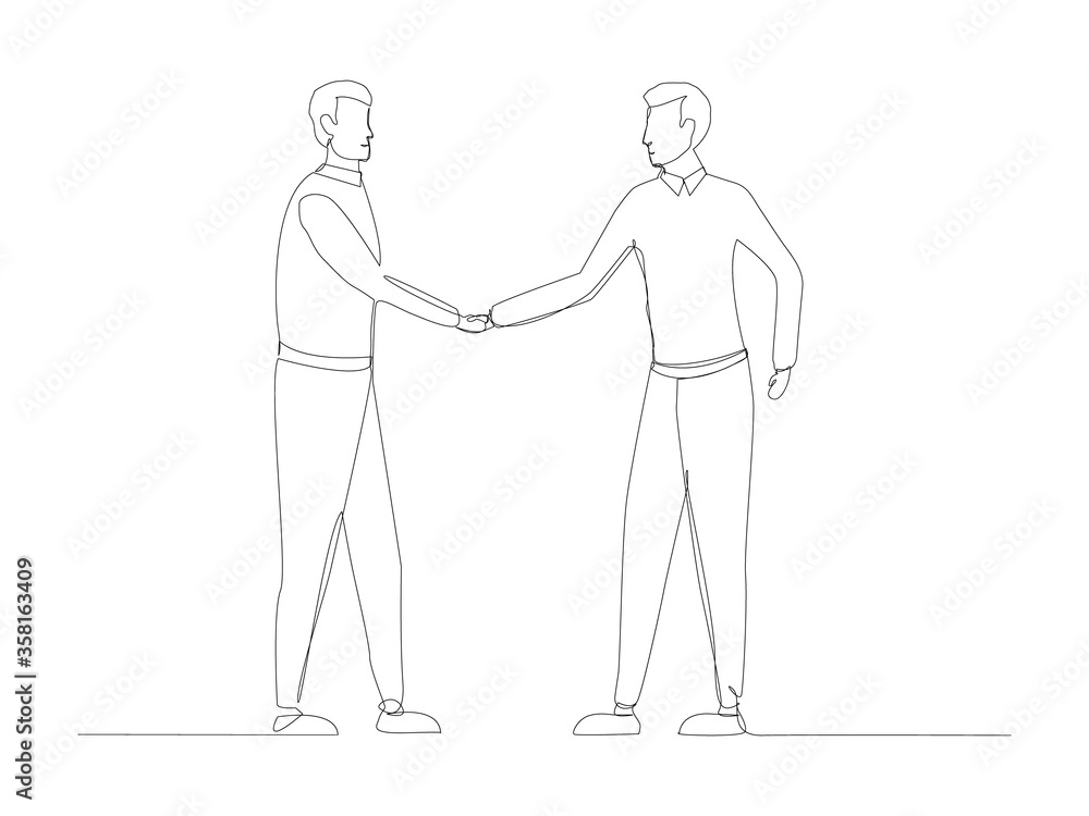 Continuous handshake line businessmen vector illustration isolated on white background. Business agreement concept.