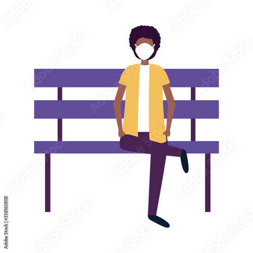Man with medical mask on bench vector design