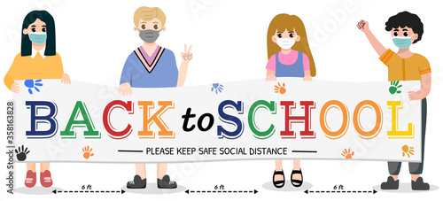 Children wear face mask and keep social distance holding "back to school" banner on white background flat design