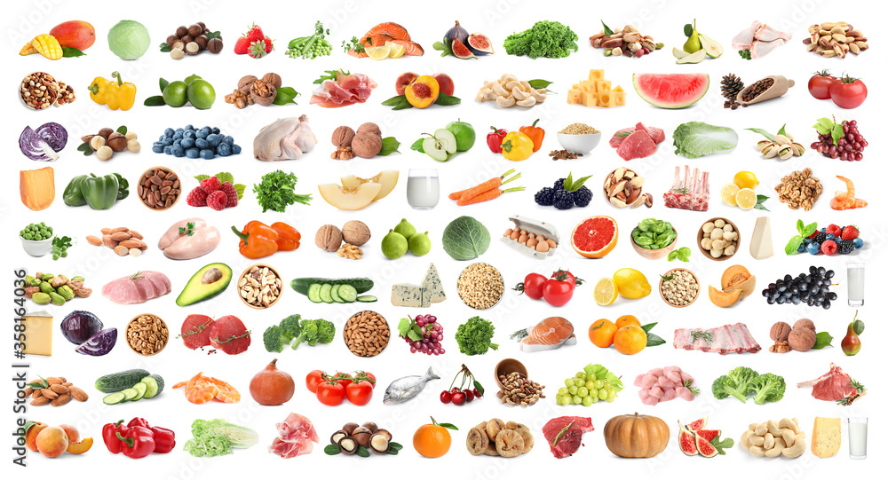 Set of different food on white background. Banner design