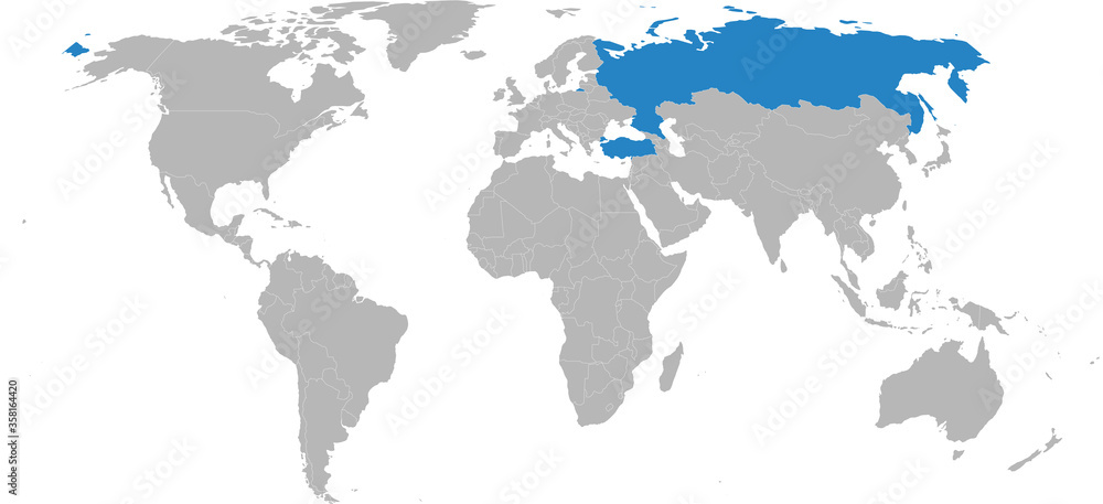 Turkey, Russia countries isolated on world map. Light gray background. Business concepts, backgrounds and Wallpapers.