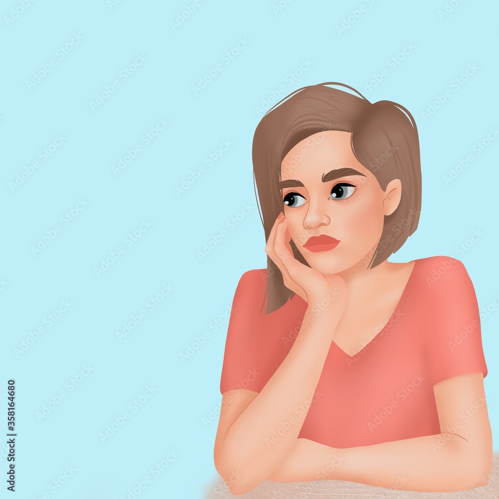 portrait of young beautiful upset, thoughtful woman on blue background portrait of young beautiful upset, thoughtful woman on blue background