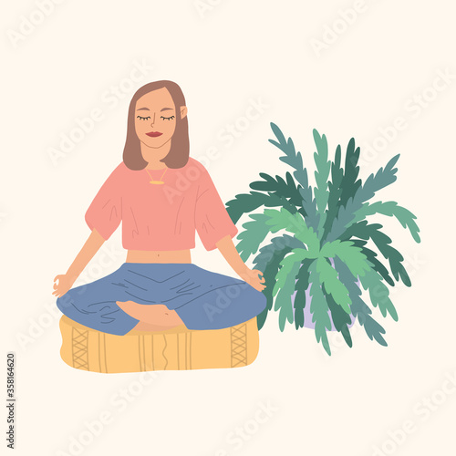 A girl sits on a pillow and meditates. Relaxin time. Keep calm and stay home. Vector hand drawn illustration. Cartoon style. Flat design.