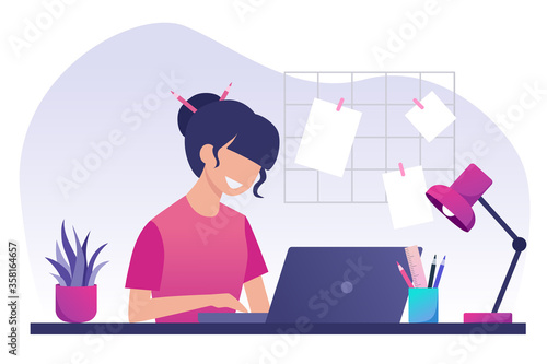 A girl with dark hair works on a laptop. Work from home. Freelance. Stay at home. Vector flat illustration.
