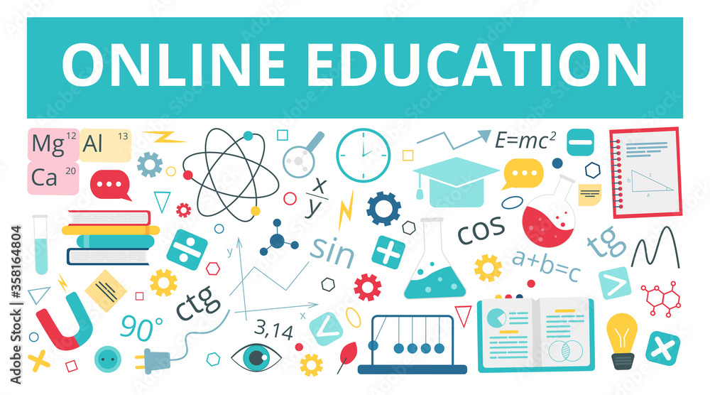 Horizontal banner with icons for education, infographics design, web elements. Online education concept. Physics, chemistry, mathematics school subjects. Vector illustration in flat style Horizontal banner with icons for education, infographics design, web elements. Online education concept. Physics, chemistry, mathematics school subjects. Vector illustration in flat style