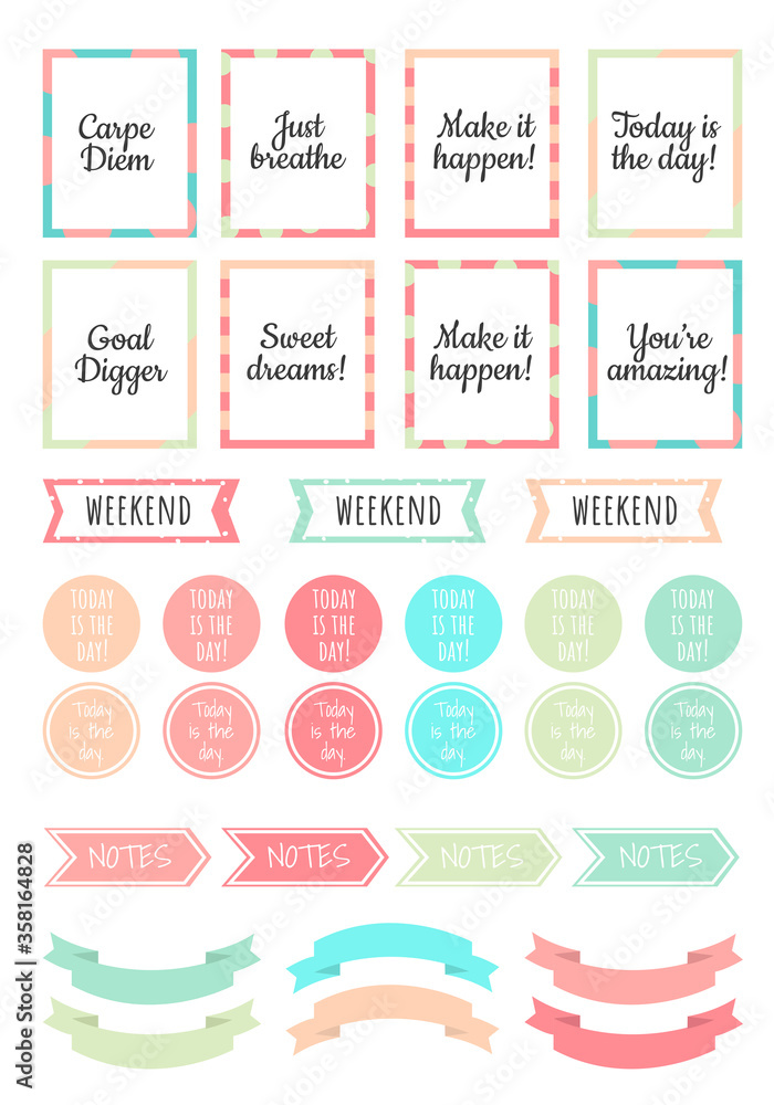 Fototapeta premium Stickers for Digital Planner. Vector Set of printable stickers for planner. Ribbons, quotes, arrows and other.