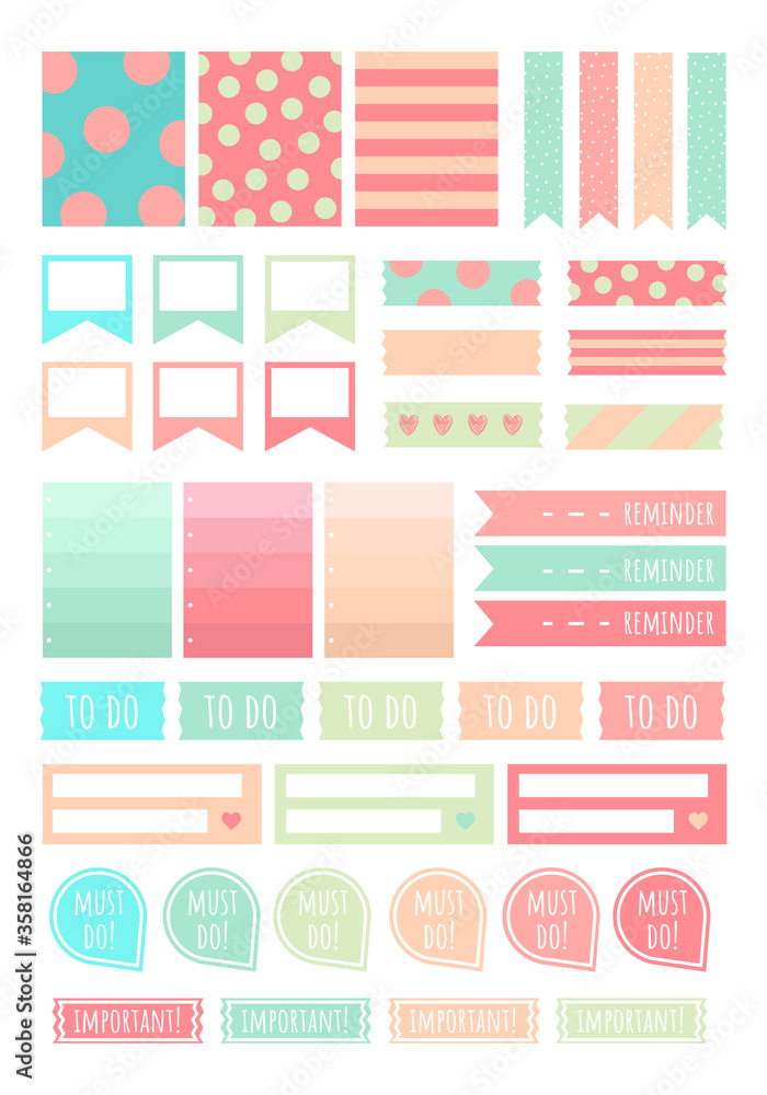 Stickers for Digital Planner. Vector Set of printable stickers for planner. Ribbons, quotes, arrows and other.