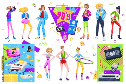 Retro disco people vector illustration set. Cartoon flat woman man dancer characters dancing in fashion clothes and hairstyles in 90s style, retro disco pop music party elements isolated on white