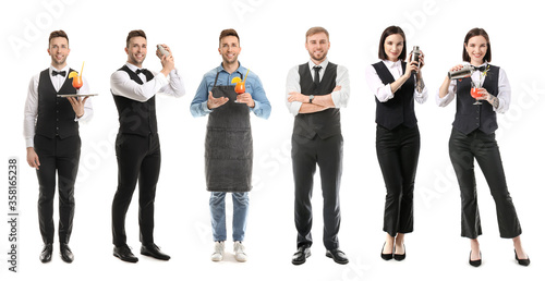 Female and male bartenders on white background photo