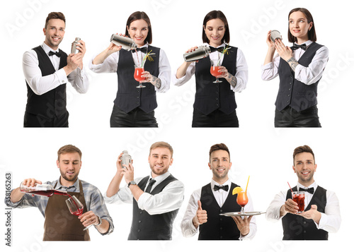 Foto Female and male bartenders on white background