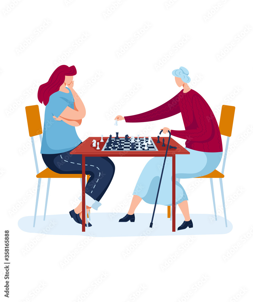 Strategic family chess board game, interesting hobby, fun pastime, design in cartoon style vector illustration, isolated on white. Pensive young and old women, sitting at table, caring elderly mother. Strategic family chess board game, interesting hobby, fun pastime, design in cartoon style vector illustration, isolated on white. Pensive young and old women, sitting at table, caring elderly mother.
