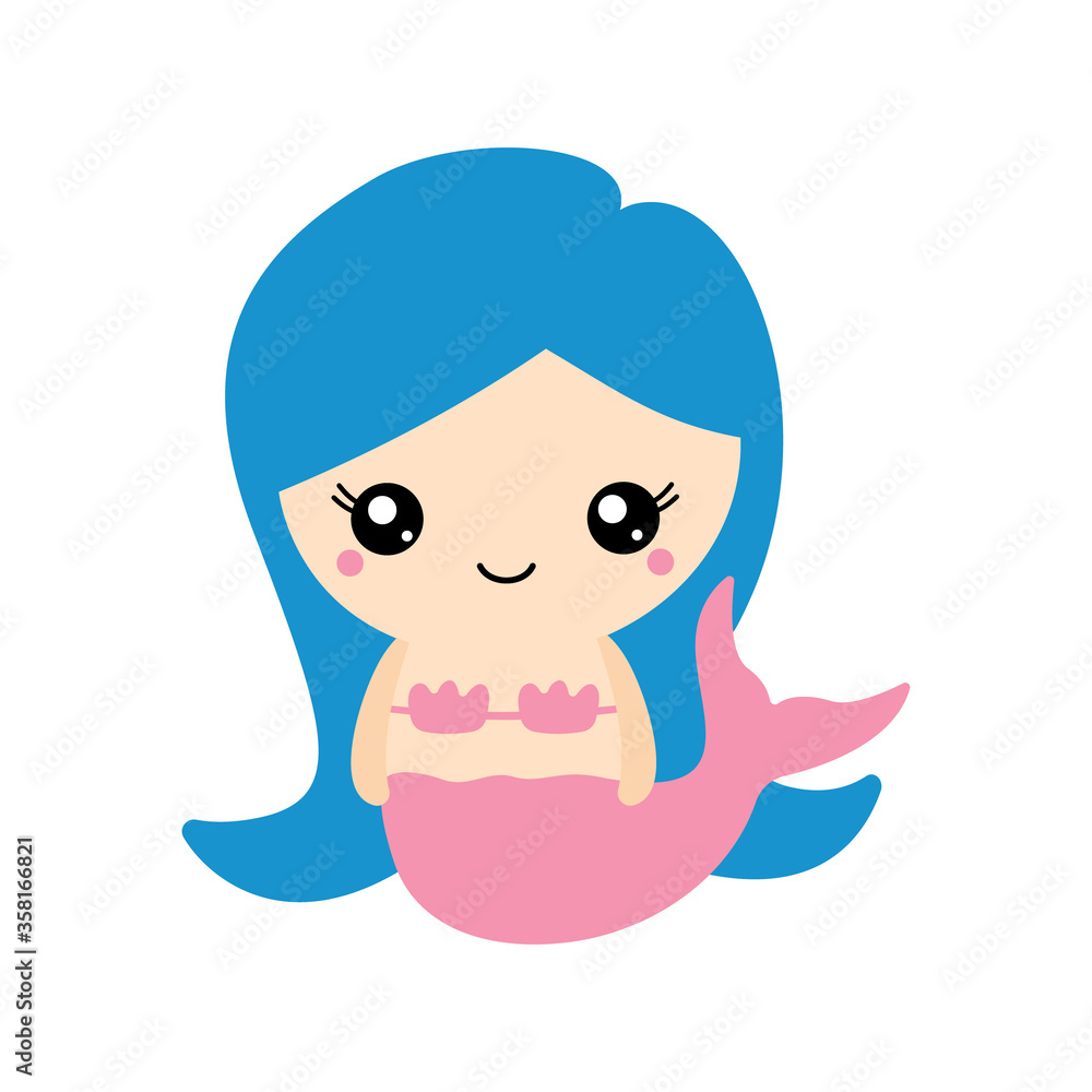 Vector illustration of a mermaid with blue hair with a cute face. Simple, flat, kawaii style. Vector illustration of a mermaid with blue hair with a cute face. Simple, flat, kawaii style.