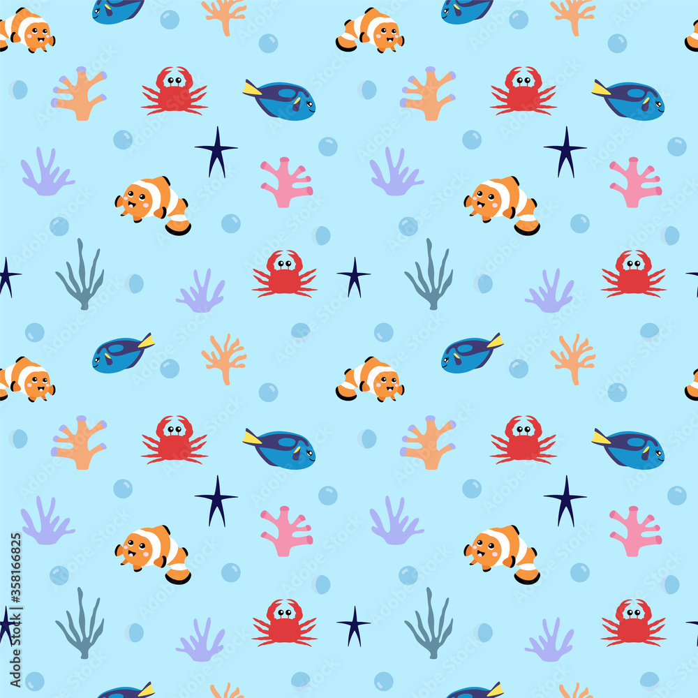 Vector seamless pattern of cute tropical fish. Vector seamless pattern of cute tropical fish.