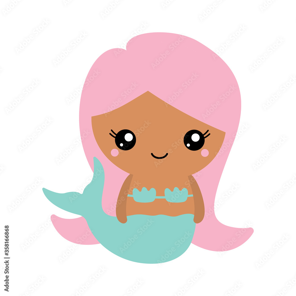 Vector illustration of a mermaid with pink hair with a cute face. Simple, flat, kawaii style.