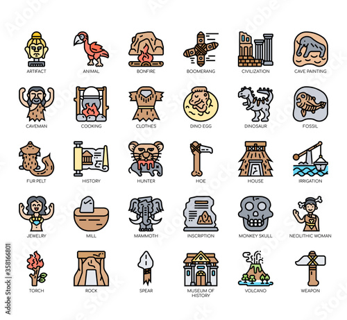 Set of prehistoric thin line and pixel perfect icons for any web and app project.